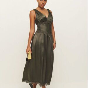 NWT Reformation Stasia Silk Dress Pine Tree 4